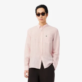 Camisa de lino a rayas de corte regular para hombre