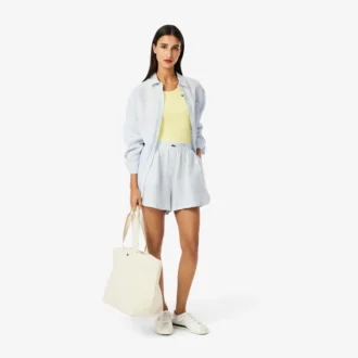 Pantalones cortos de lino a rayas de corte holgado para mujer