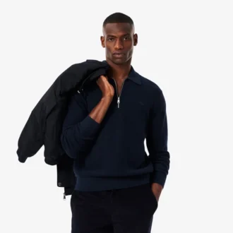 Suéter de cuello polo con media cremallera para hombre, mezcla de algodón y lana