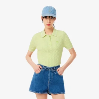 Suéter de cuello polo con tejido de trenzas a rayas