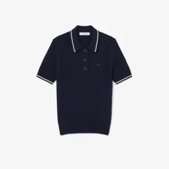 Suéter de cuello polo con tejido de trenzas a rayas