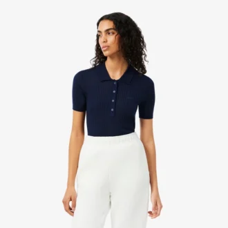 Suéter de lana merino con cuello polo y punto elástico 3D