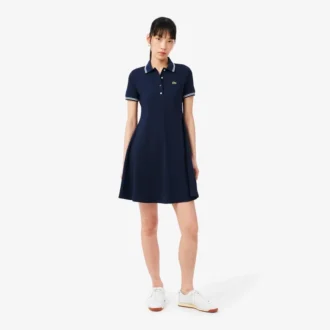 Vestido skater con cuello de polo elástico para mujer